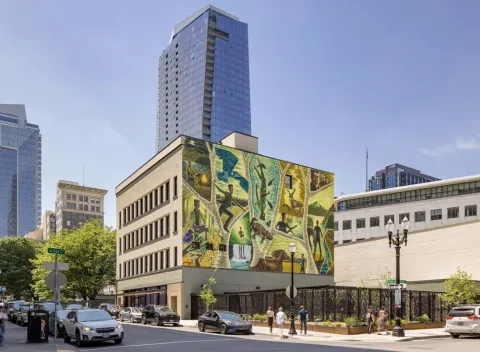 Mural on the side of the Behavioral Health Resource Center in DOWNTOWN PORTLAND