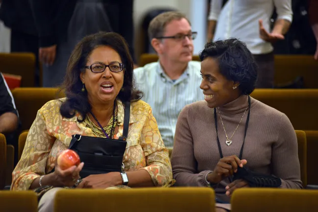 Tenora Grigsby, left, and community health nurse Monique Allen, await news of the grant.