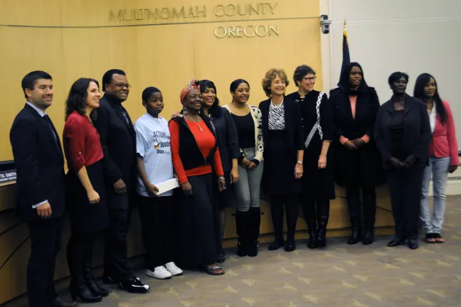 Multnomah County Board members, friends and family members of the late Linda Hornbuckle pose for pictures at the Oct. 30 proclamation.