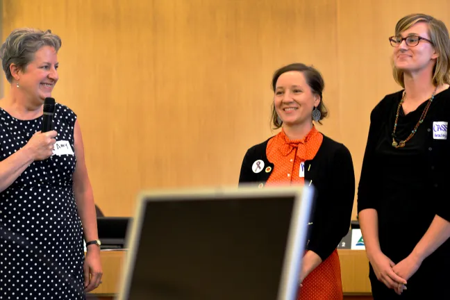 Judge Amy Holmes Hehn (left) smiles at honorees Missy Kloos (center) and Cassie Russell at the 8th Annual Judge Herrell Award Ceremony.