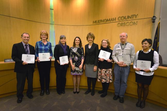 From left: Randy Walruff, Mary Russell, Debra Helgerson, Chair Kafoury, Commissioner McKeel, Linda Patterson, Gregory Loux and Sandra Van Lom