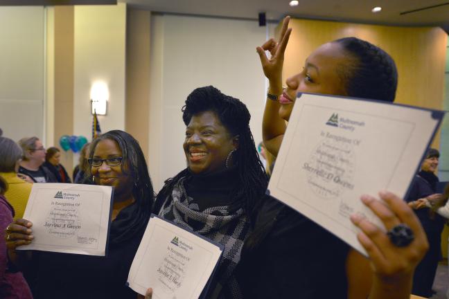 Multnomah County Department of Health program specialist Jarvina Green (left) and Department of Community Justice parole & probation officers Javelin Hardy (middle) and Sherelle Owens (right)