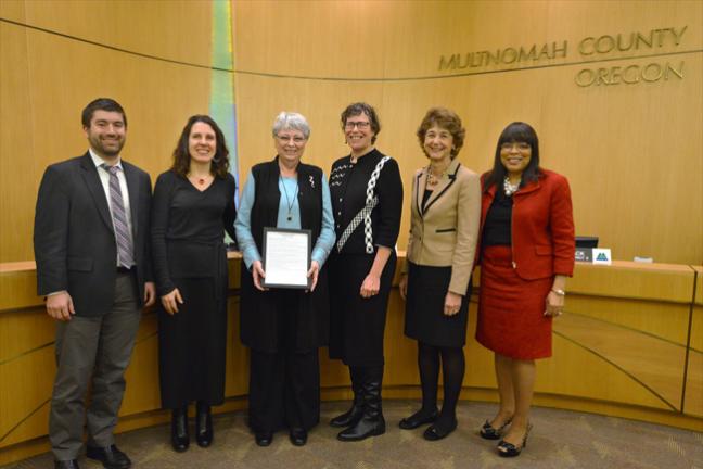 From left: Commissioner Bailey; Chair Kafoury; Kathleen Todd; and Commissioners Shiprack; McKeel; and Smith. 