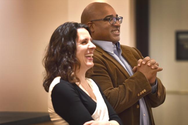 Chair Kafoury and Managers of Color Co-Chair Mark Lewis laugh during a light moment on Wednesday.