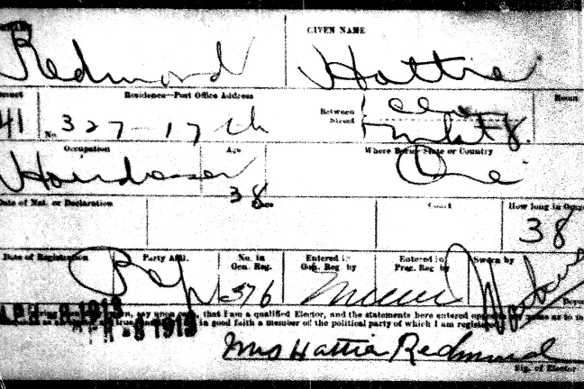 Hattie Redmond's 1913 voter registration card