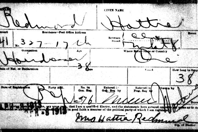 Hattie Redmond's 1913 voter registration card