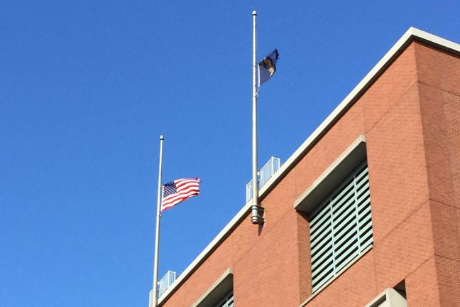 Flags fly at half staff at the Multnomah Building in honor of former County Commissioner Gretchen Kafoury, 