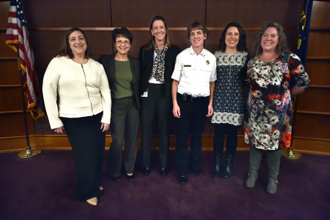 From left: Amalia Alarcon de Morris; Anna Kanwit; Leah Treat; Fire Chief Erin Janssens; Chair Kafoury and Penelope Lutdke