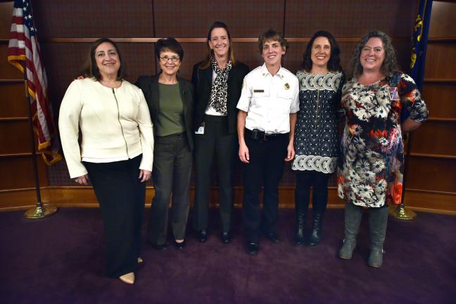From left: Amalia Alarcon de Morris; Anna Kanwit; Leah Treat; Fire Chief Erin Janssens; Chair Kafoury and Penelope Lutdke