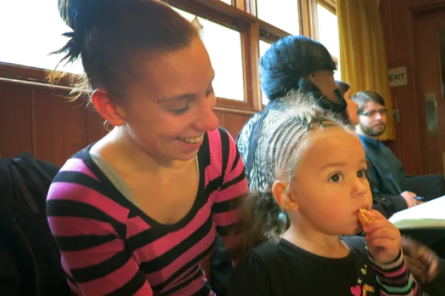 Tiffany Wright and her daughter at the old Family Winter shelter location in 2012. At the time, Wright spoke to reporters about having moved out of the shelter and into permanent housing.