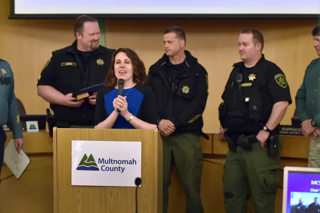 Chair Kafoury introduces the members of the River Patrol Unit.