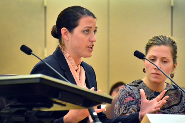 Melissa Marrero from the District Attorney's Office and Tina Lewis, program supervisor for Multnomah County’s Adult Protective Services Unit address the board on Thursday.