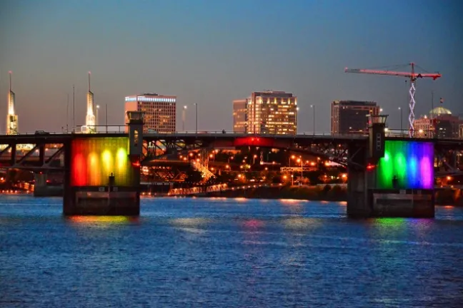 Morrison Bridge rainbow lights celebrate marriage equality decision.