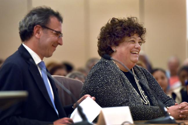 Judge Michael Greenlick and Presiding Judge Nan Waller (left) at the June 10 public budget hearing  