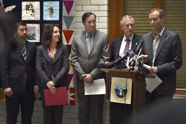 A Home for Everyone Initiative Director Marc Jolin answers questions about Wednesday’s announcement. From left: County Commissioner Jules Bailey, Chair Kafoury, City Commissioner Dan Saltzman and Mayor Hales