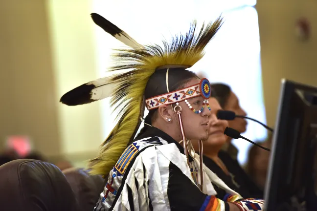 Ruben Young Joseph Woodley, a 20-year-old member of the Eastern Shoshone tribe addresses the board on Thursday.
