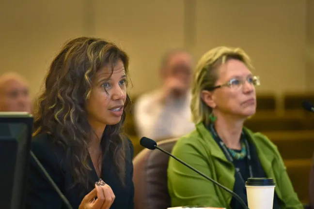 Tricia Tillman briefs the board on marijuana legalization, with Director Joanne Fuller, right