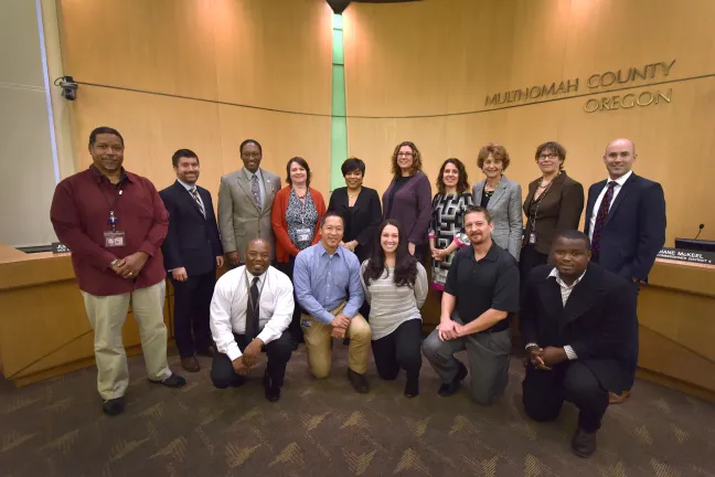 Members of the Multnomah County Veterans Employee Resource Group celebrate the Veterans Day proclamation with the Board of Commissioners.