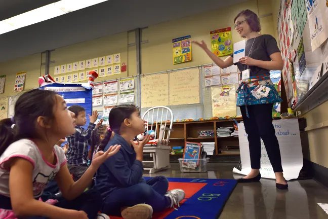 Alia Woolfe and her kindergarten class at Lincoln Park Elementary School