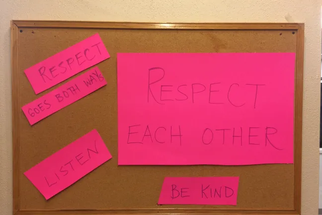 The posted rules of Breakfast Club: Respect each other, listen, be kind. 