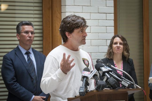 Jim Appleton, Mosier Fire Chief, speaks at press conference