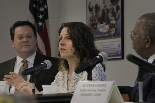 Chair Kafoury speaks at OAME’s “Coffee and Issues” event as OAME Founder and Chair Sam Brooks (right) and Multnomah County Purchasing Manager Brian Smith look on. 