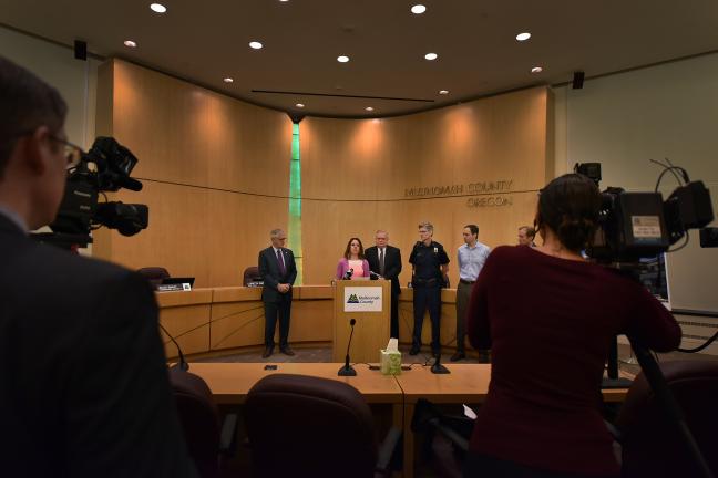 Chair Kafoury speaks at Wednesday's press conference. She is joined by Mayor Hales; Sheriff Staton; Police Chief Marshman; Transition Projects' George Devendorf and the Joint Office of Homeless Services' Marc Jolin.