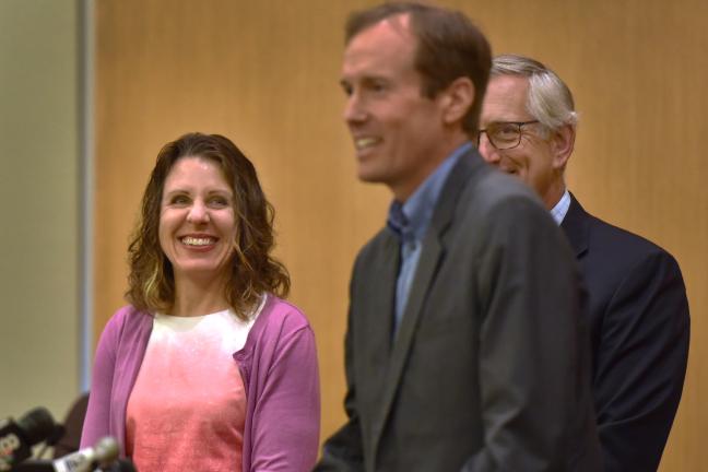 Director of the Joint Office of Homeless Services Marc Jolin speaks as Chair Deborah Kafoury (left) and Mayor Charlie Hales look on.