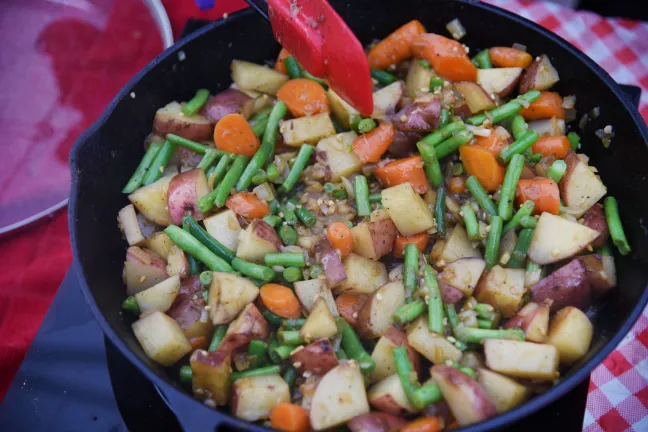 The vegetable medley begins to take shape