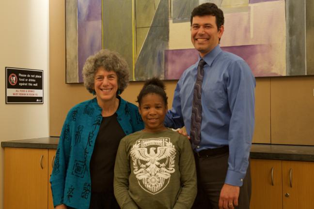 (L-R) Bravo Youth Orchestras Co-founder Dr. Bonnie Reagan, student Sapphire Thomas and Co-founder Seth Truby