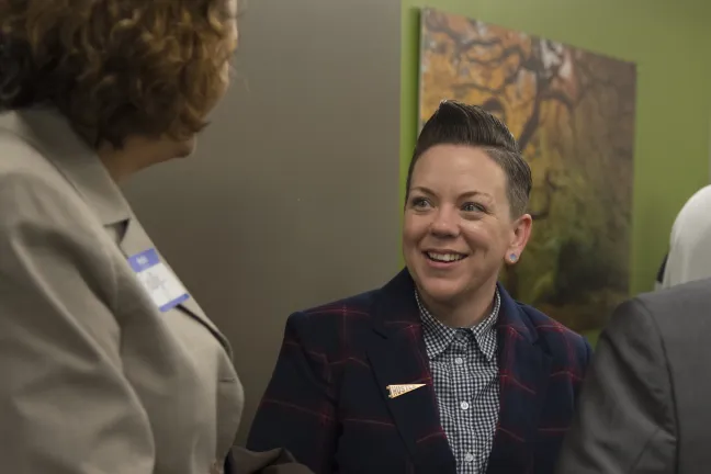 Stacy Borke of Transition Projects and Sally Erickson, left.