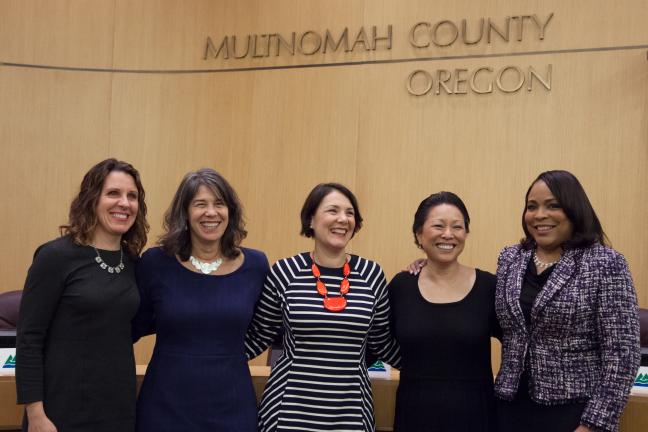 From left: Chair Deborah Kafoury and Commissioners Sharon Meieran, Jessica Vega Pederson, Lori Stegmann and Loretta Smith