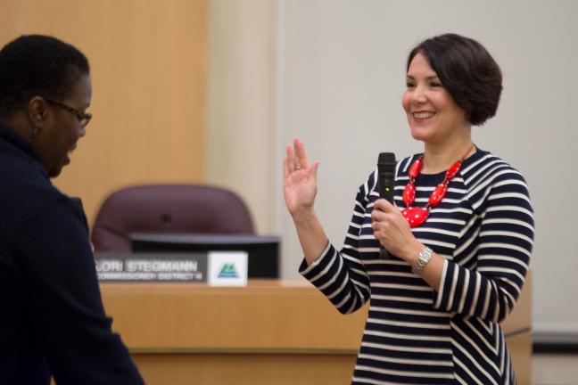 Commissioner Jessica Vega Pederson gets sworn in at Tuesday's ceremony.