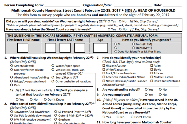 Some of the survey questions neighbors in shelters or on the streets will be asked as part of the Point in Time count.