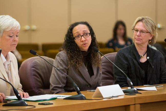 Joanne Fuller, Health Department Director; Rachael Banks, Deputy Public Health Director; and Jae Douglas, Environmental Health Director brief the board April 13 on pending legislation on the legal smoking age