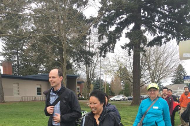 Commissioner Lori Stegmann participates in an East Multnomah County walking tour to highlight pedestrian safety and access issues.