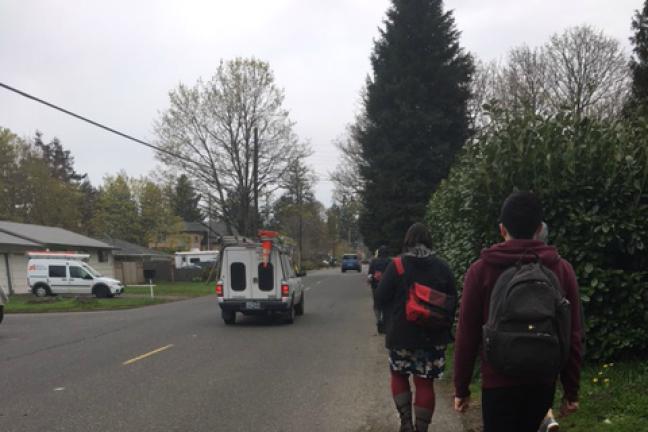 A policy walking tour hosted by the Rosewood Initiative and Street Trust highlighted streets with no sidewalks used by children and families near Parklane Elementary School in the Centennial School District.