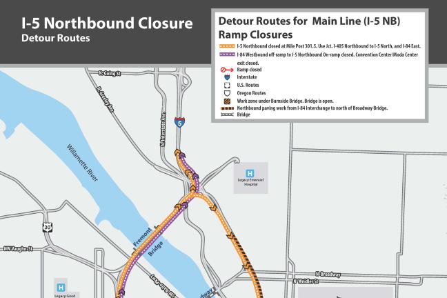 Map showing detour during I-5 north closure 5-5-2017