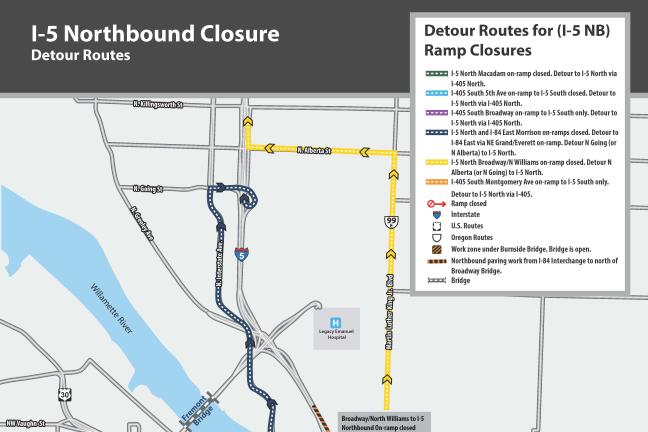 Ramp closures during I-5 north closure. Ramps from I-84 west and Broadway/Williams reopen 6 pm on May 13.