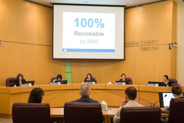 The Multnomah County Board voted unanimously on Thursday, June 1 to commit the county to reaching its goal of 100 percent renewable energy use community-wide by 2050.