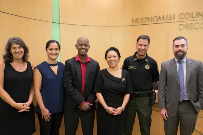 From left: Commissioner Sharon Meieran, Andrea Williams, Kasey Jama, Commissioner Lori Stegmann, Sheriff Mike Reese, Mat Dos Santos