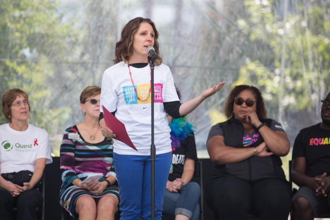 Multnomah County Chair Deborah Kafoury speaks to a crowd at the 2017 AIDS Walk Portland.