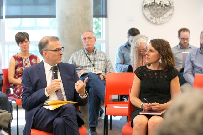 Chair Deborah Kafoury, right, with Portland Commissioner Nick Fish, left, at a summit Sept. 14, 2017, on supportive housing.