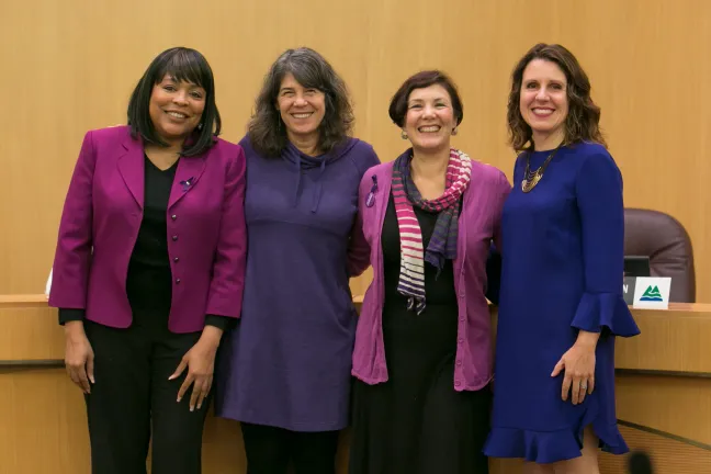 From left: Commissioner Smith, Commissioner Meieran, Commissioner Vega Pederson and Chair Kafoury wore purple on Thursday in support of people experiencing violent behavior and those who intervene on their behalf.