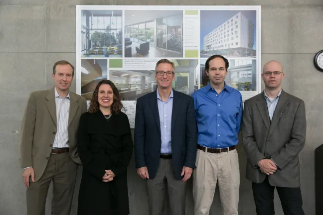 From left, Joint Office director Marc Jolin, Chair Deborah Kafoury, Mayor Ted Wheeler, Transition Projects' George Devendorf, and County emergency management director Chris Voss.