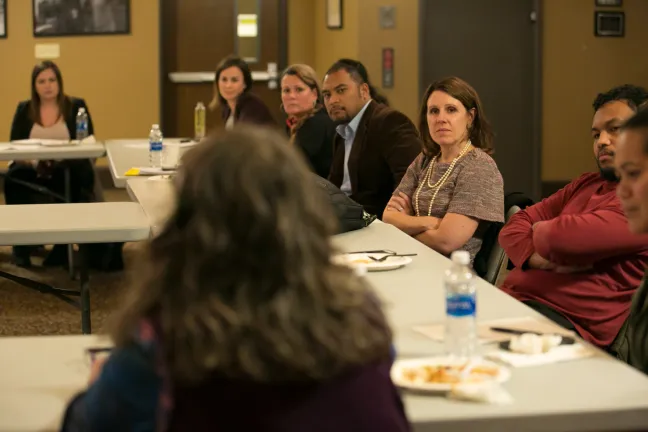 Chair Kafoury listens to Coalition members' stories about racism, housing prices, and employment barriers.