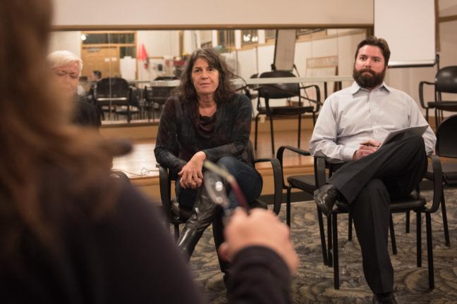 Commissioner Sharon Meieran, center, joins Environmental Health Director Jae Douglas and Matt Hoffman, who coordinates air pollution policy for the Health Department at a community meeting in Linnton.