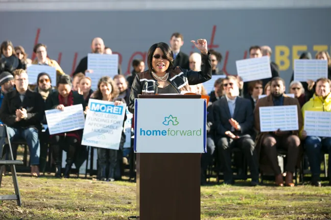 Commissioner Loretta Smith speaks during a housing rally Dec. 5, 2017, in her district.