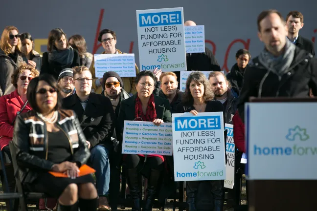 Commissioners Loretta Smith, Lori Stegmann and Sharon Meieran attended the affordable housing rally against federal tax changes Tuesday, Dec. 5, 2017.