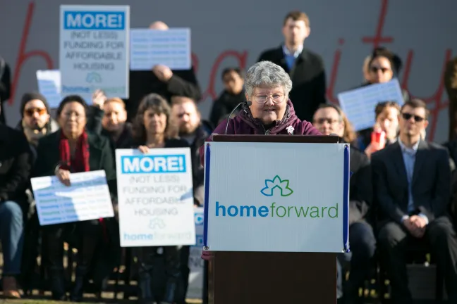 TomiRene Hettman speaks during an affordable housing rally Tuesday, Dec. 5, 2017.
